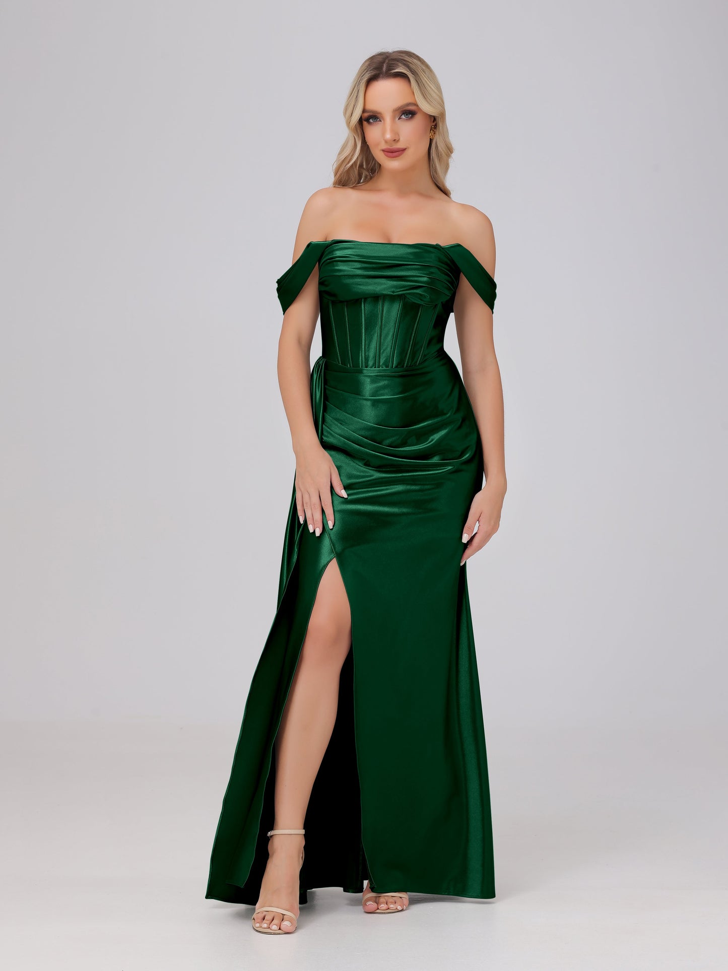 Off the Shoulder Straps Bodice Zip Back Bridesmaid Dresses with Slit