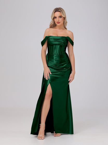 Off the Shoulder Straps Bodice Zip Back Bridesmaid Dresses with Slit