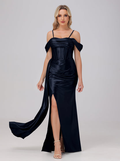 Off the Shoulder Straps Bodice Zip Back Bridesmaid Dresses with Slit