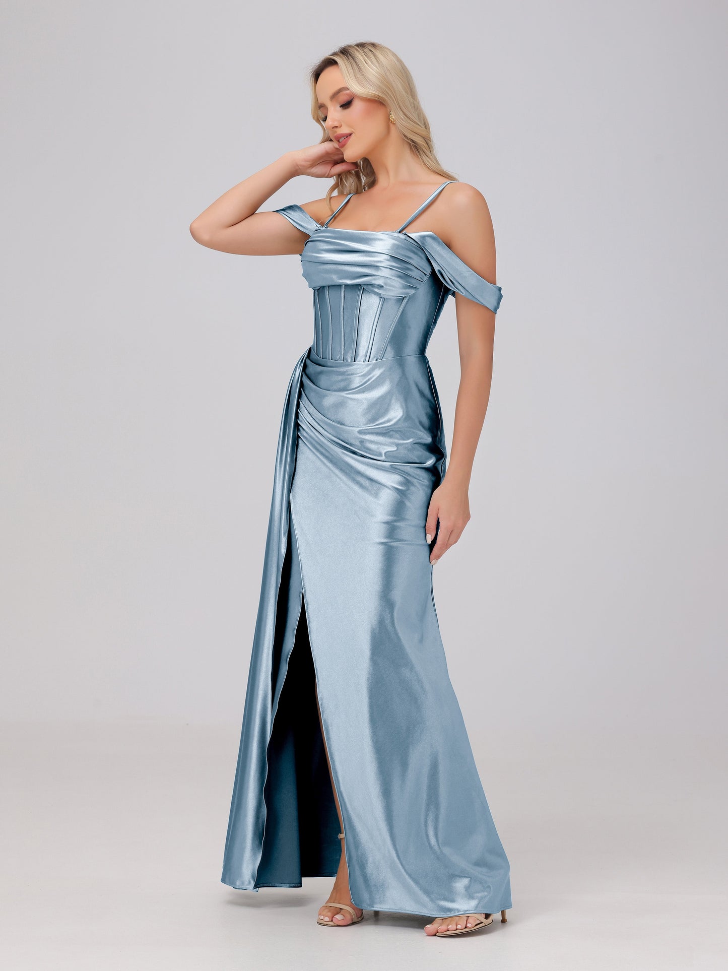 Off the Shoulder Straps Bodice Zip Back Bridesmaid Dresses with Slit