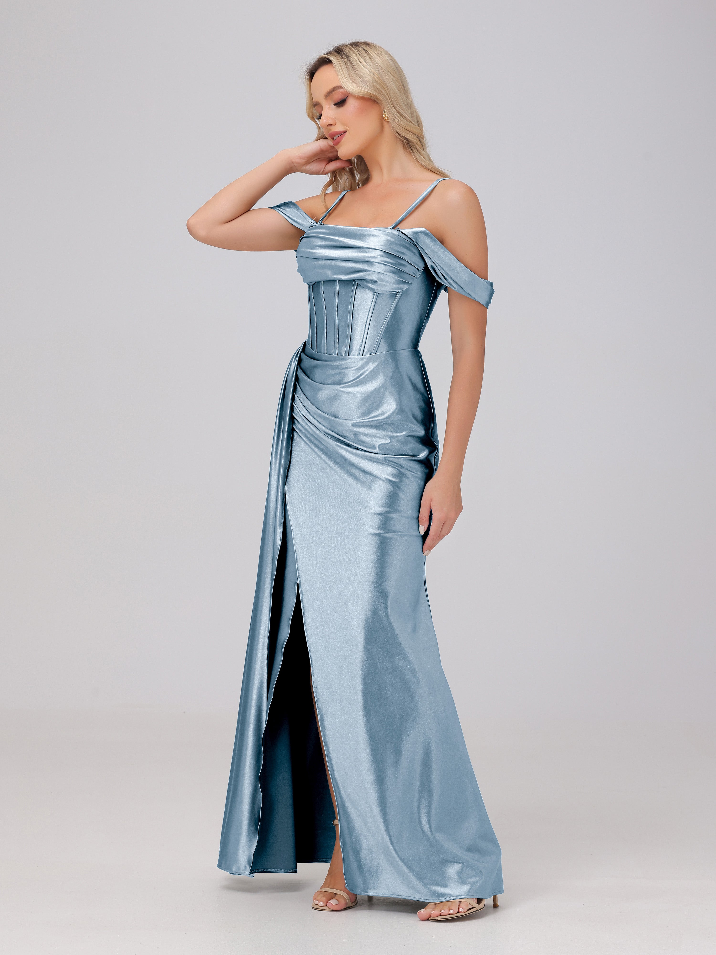 Off the Shoulder Straps Bodice Zip Back Bridesmaid Dresses with Slit