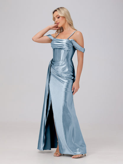 Off the Shoulder Straps Bodice Zip Back Bridesmaid Dresses with Slit