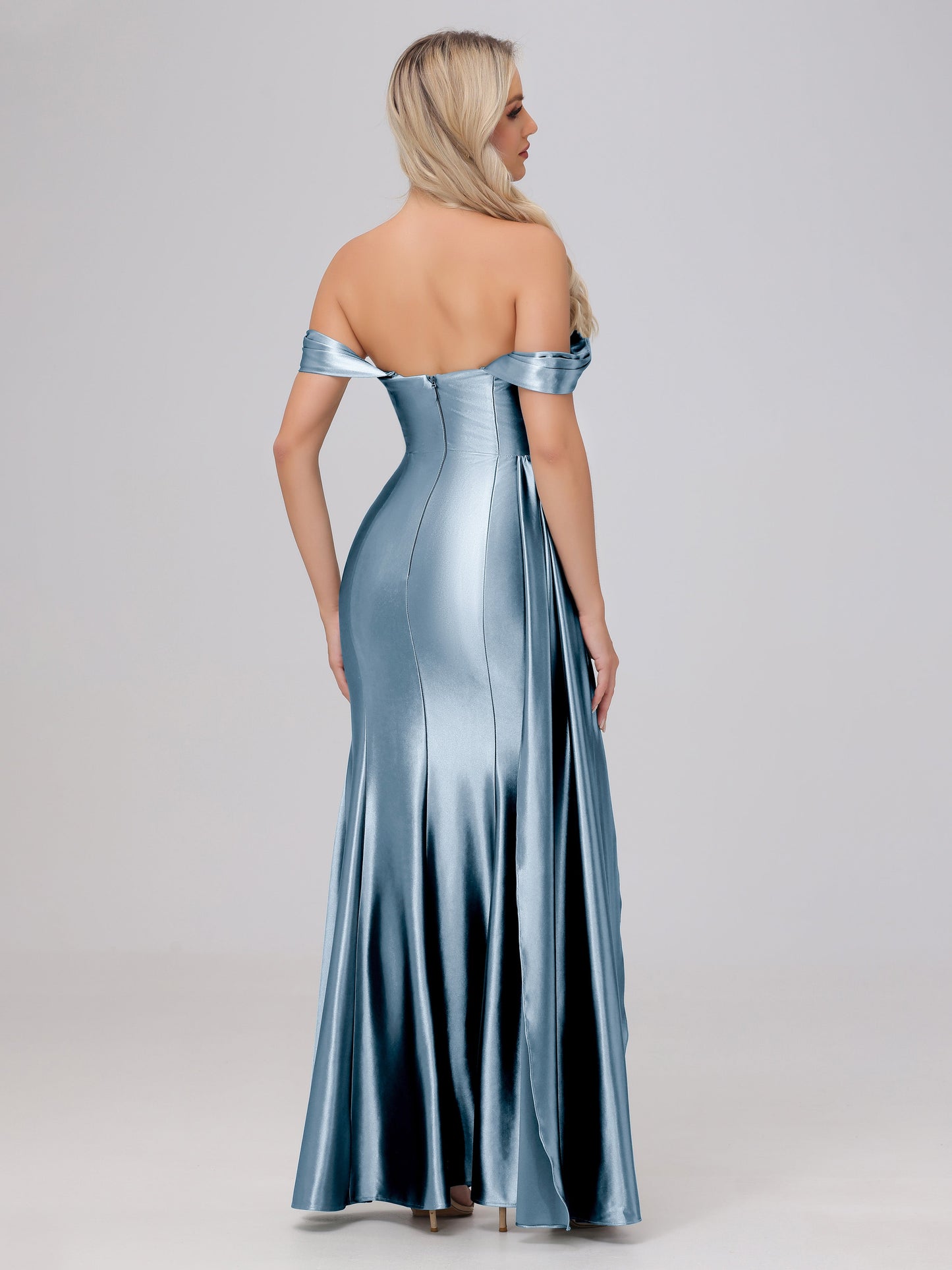 Off the Shoulder Straps Bodice Zip Back Bridesmaid Dresses with Slit