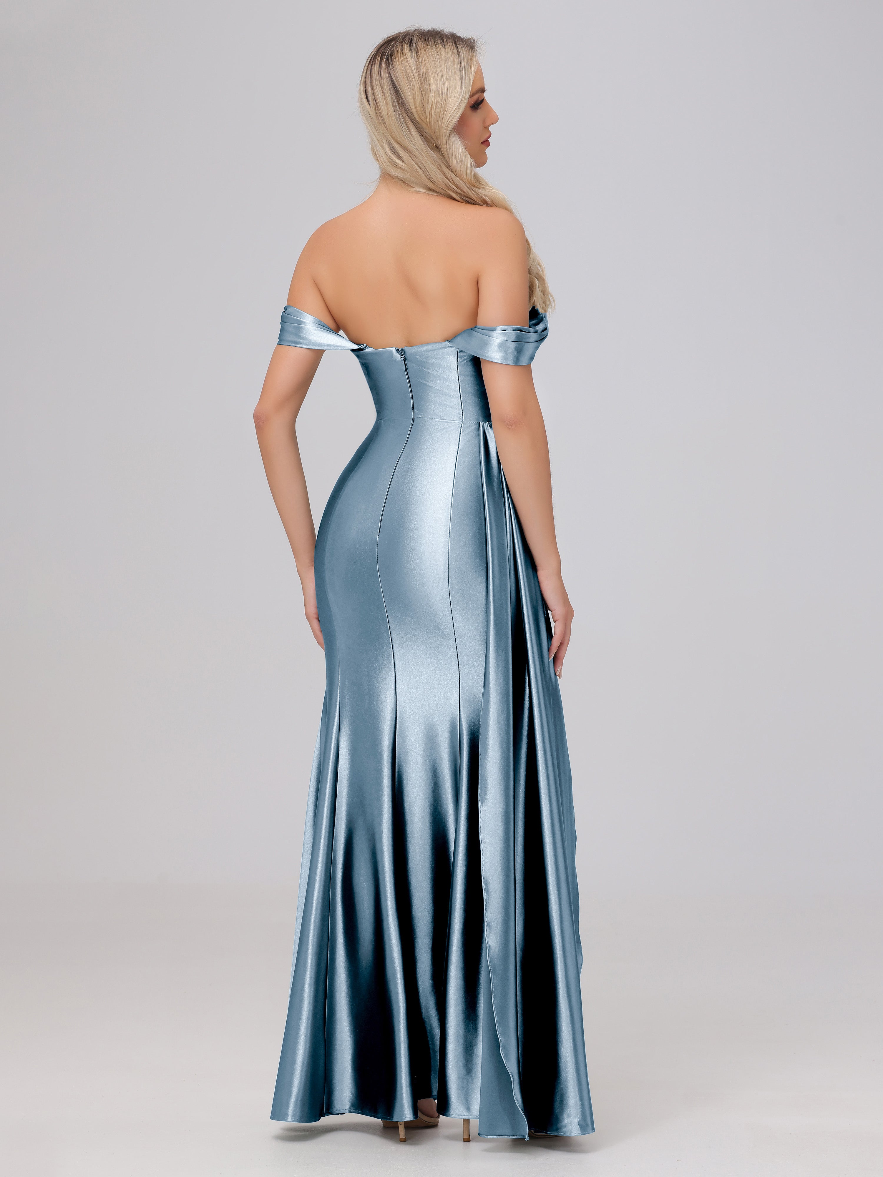 Off the Shoulder Straps Bodice Zip Back Bridesmaid Dresses with Slit