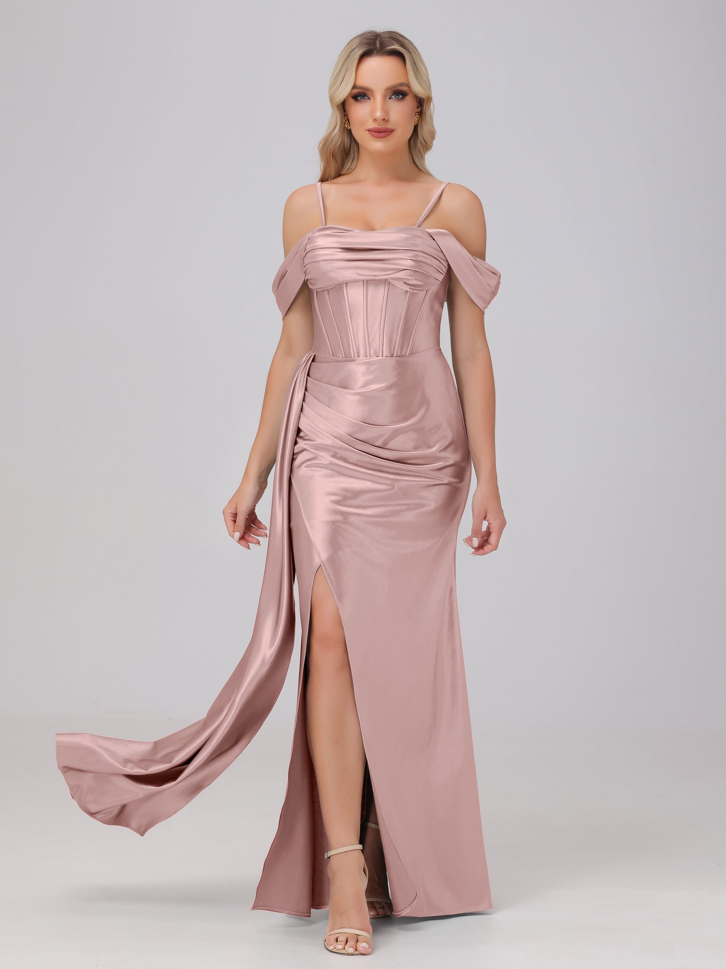 Off the Shoulder Straps Bodice Zip Back Bridesmaid Dresses with Slit