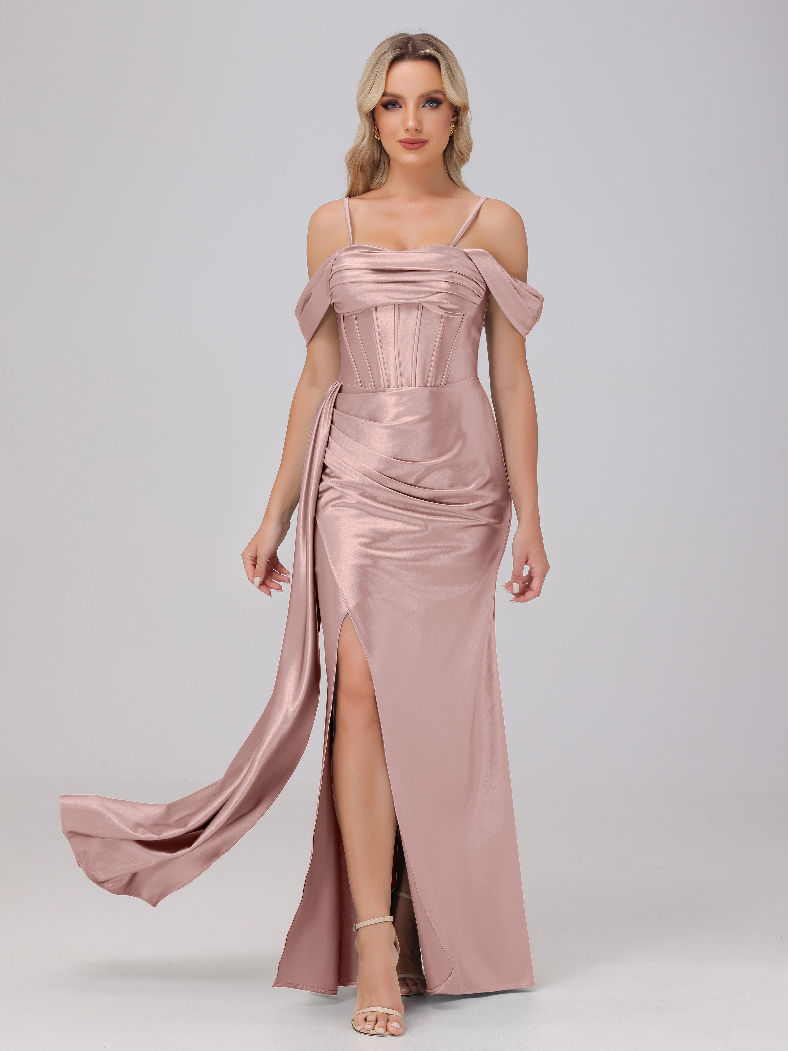 Off the Shoulder Straps Bodice Zip Back Bridesmaid Dresses with Slit