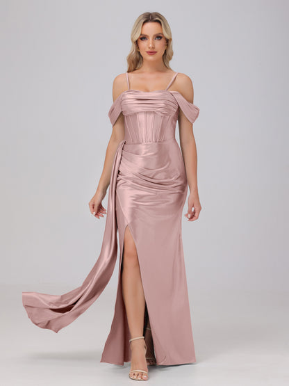Off the Shoulder Straps Bodice Zip Back Bridesmaid Dresses with Slit