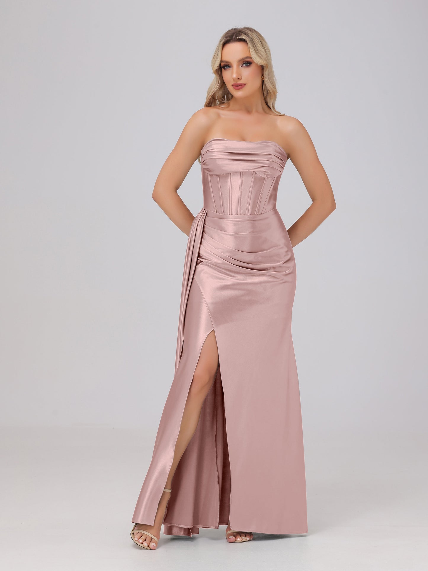 Off the Shoulder Straps Bodice Zip Back Bridesmaid Dresses with Slit