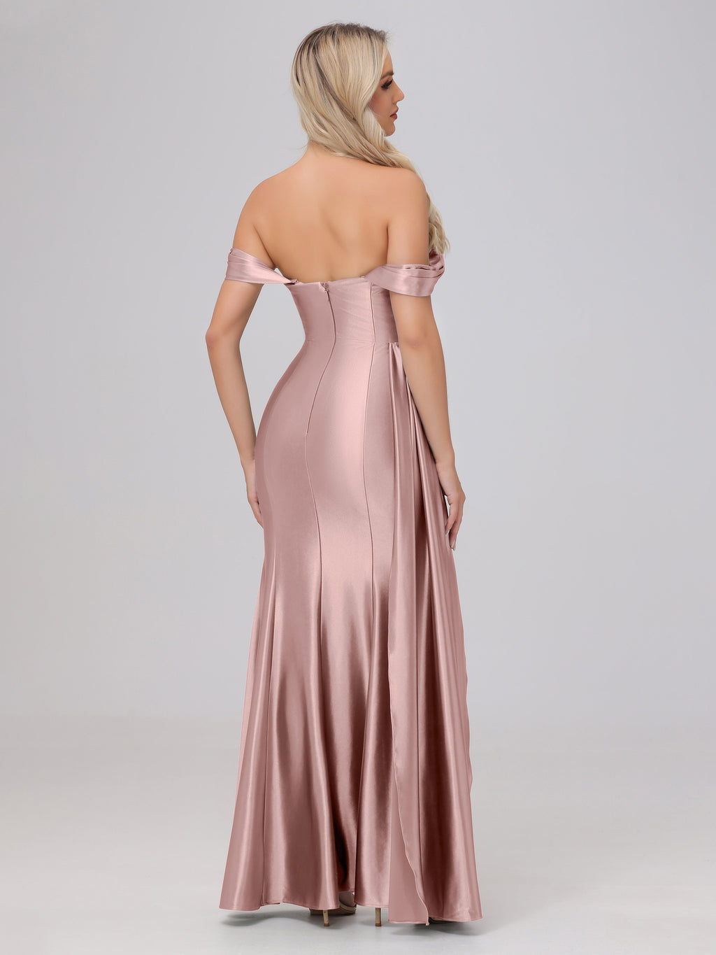 Off the Shoulder Straps Bodice Zip Back Bridesmaid Dresses with Slit