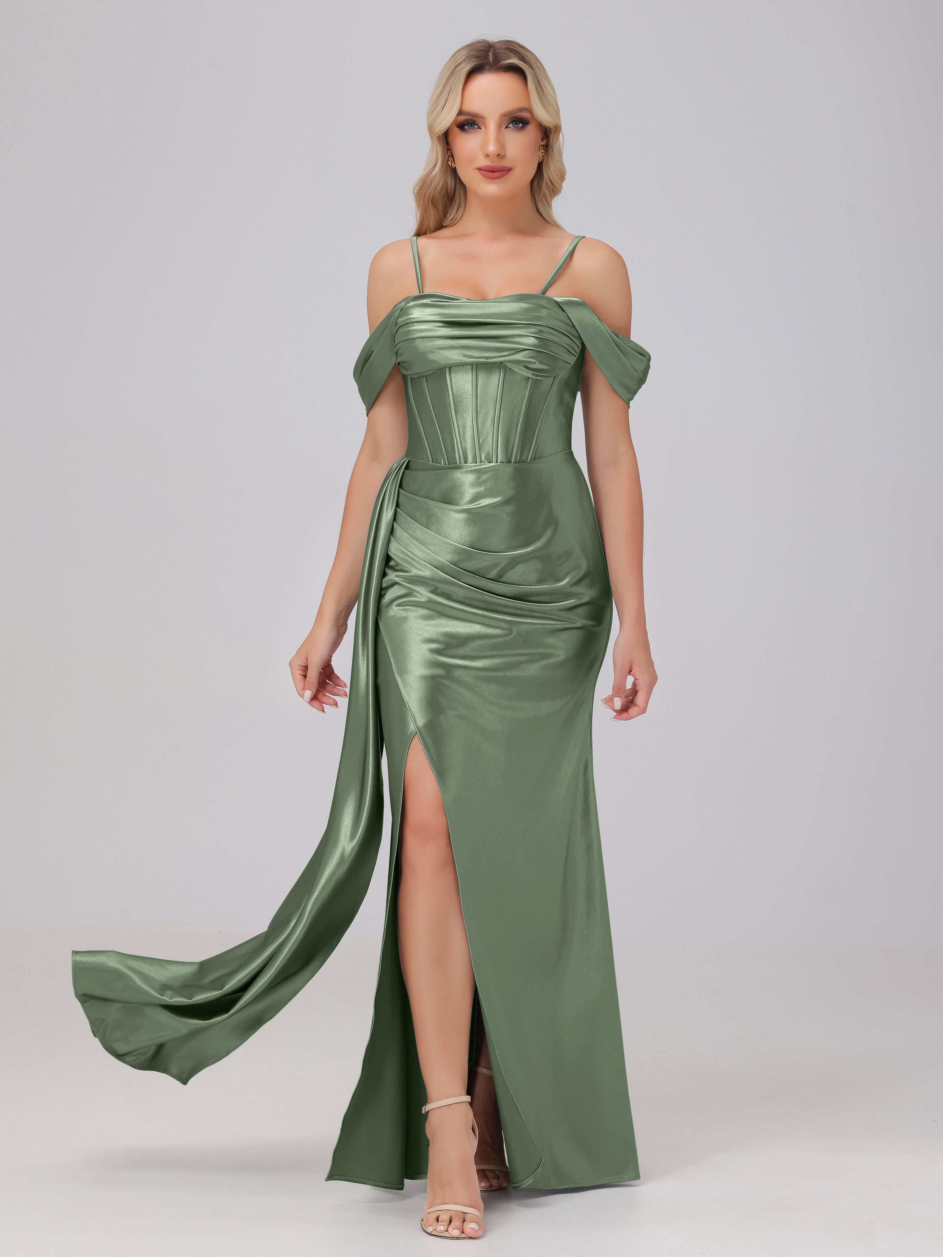 Off the Shoulder Straps Bodice Zip Back Bridesmaid Dresses with Slit