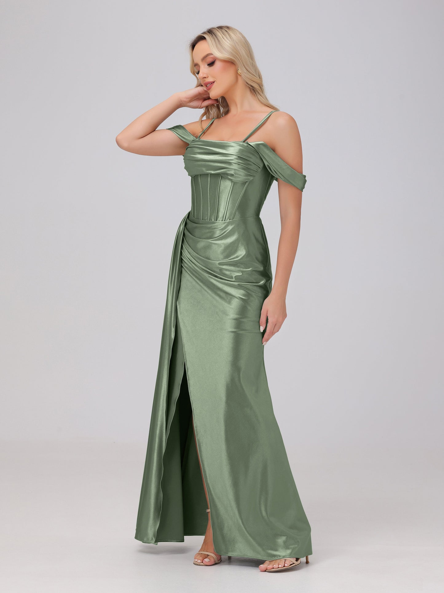 Off the Shoulder Straps Bodice Zip Back Bridesmaid Dresses with Slit