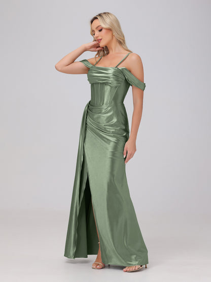 Off the Shoulder Straps Bodice Zip Back Bridesmaid Dresses with Slit