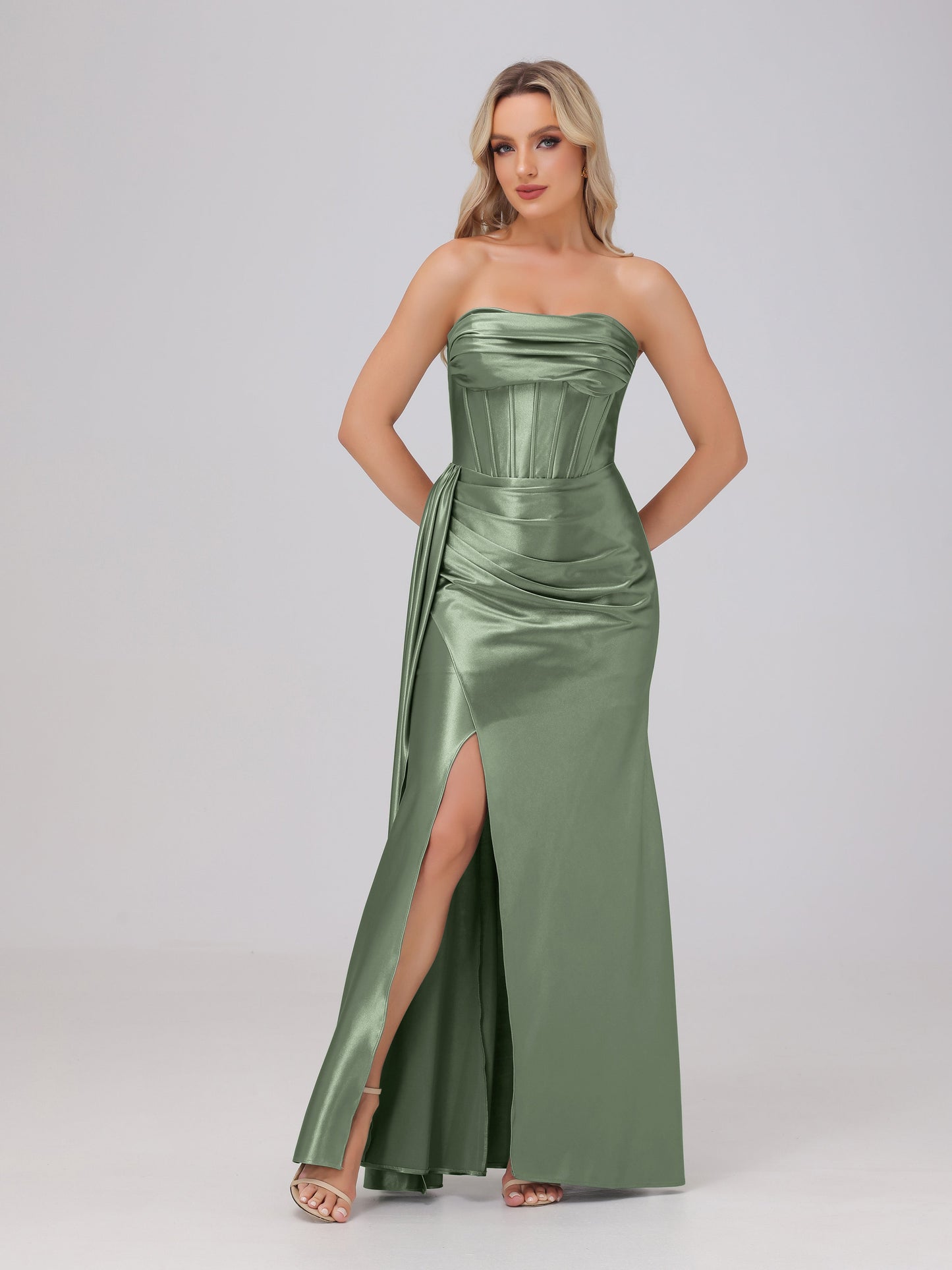 Off the Shoulder Straps Bodice Zip Back Bridesmaid Dresses with Slit