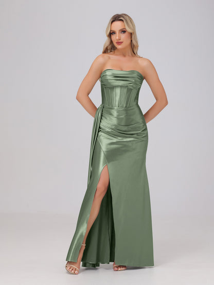 Off the Shoulder Straps Bodice Zip Back Bridesmaid Dresses with Slit