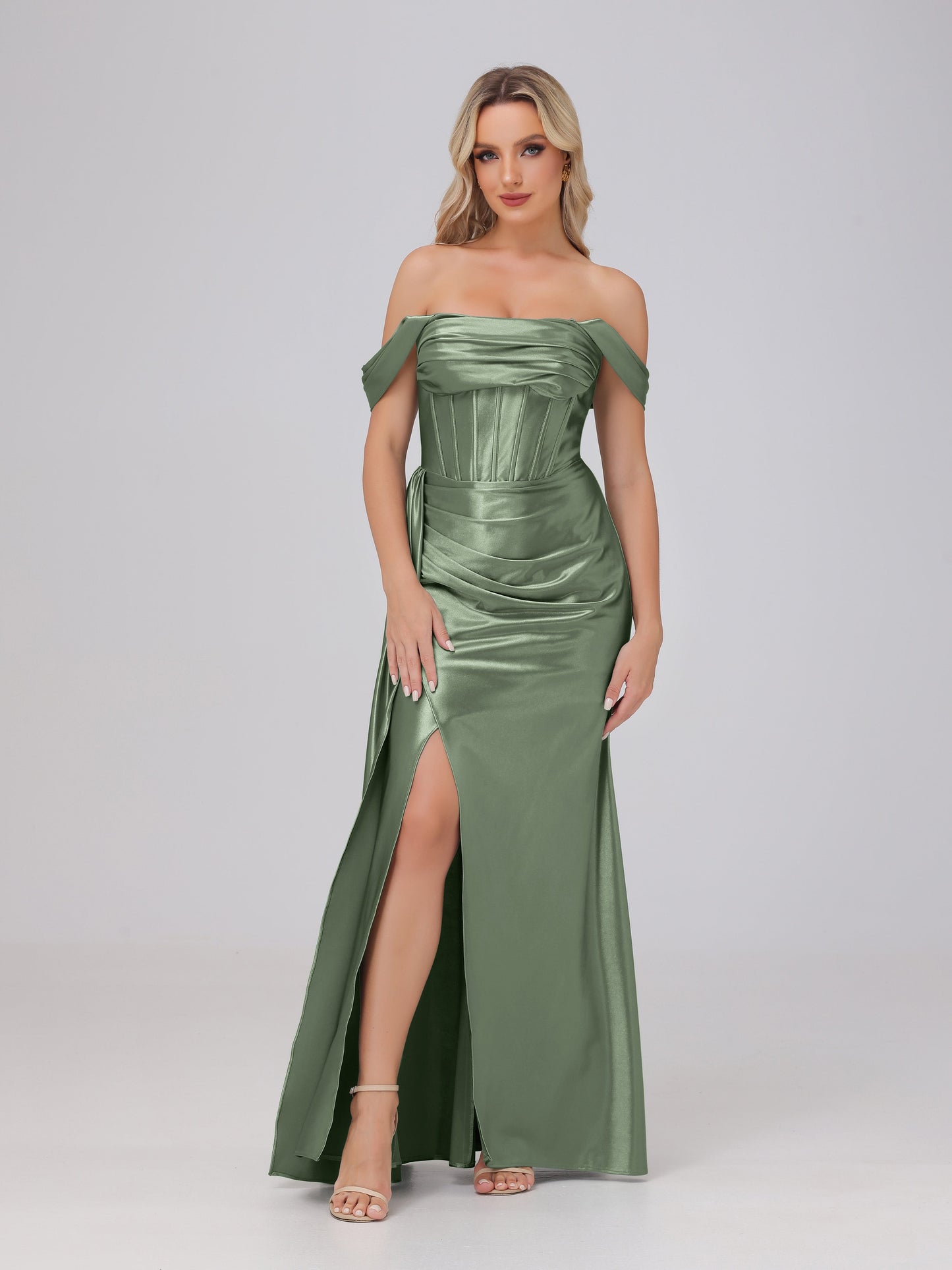 Off the Shoulder Straps Bodice Zip Back Bridesmaid Dresses with Slit