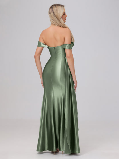 Off the Shoulder Straps Bodice Zip Back Bridesmaid Dresses with Slit