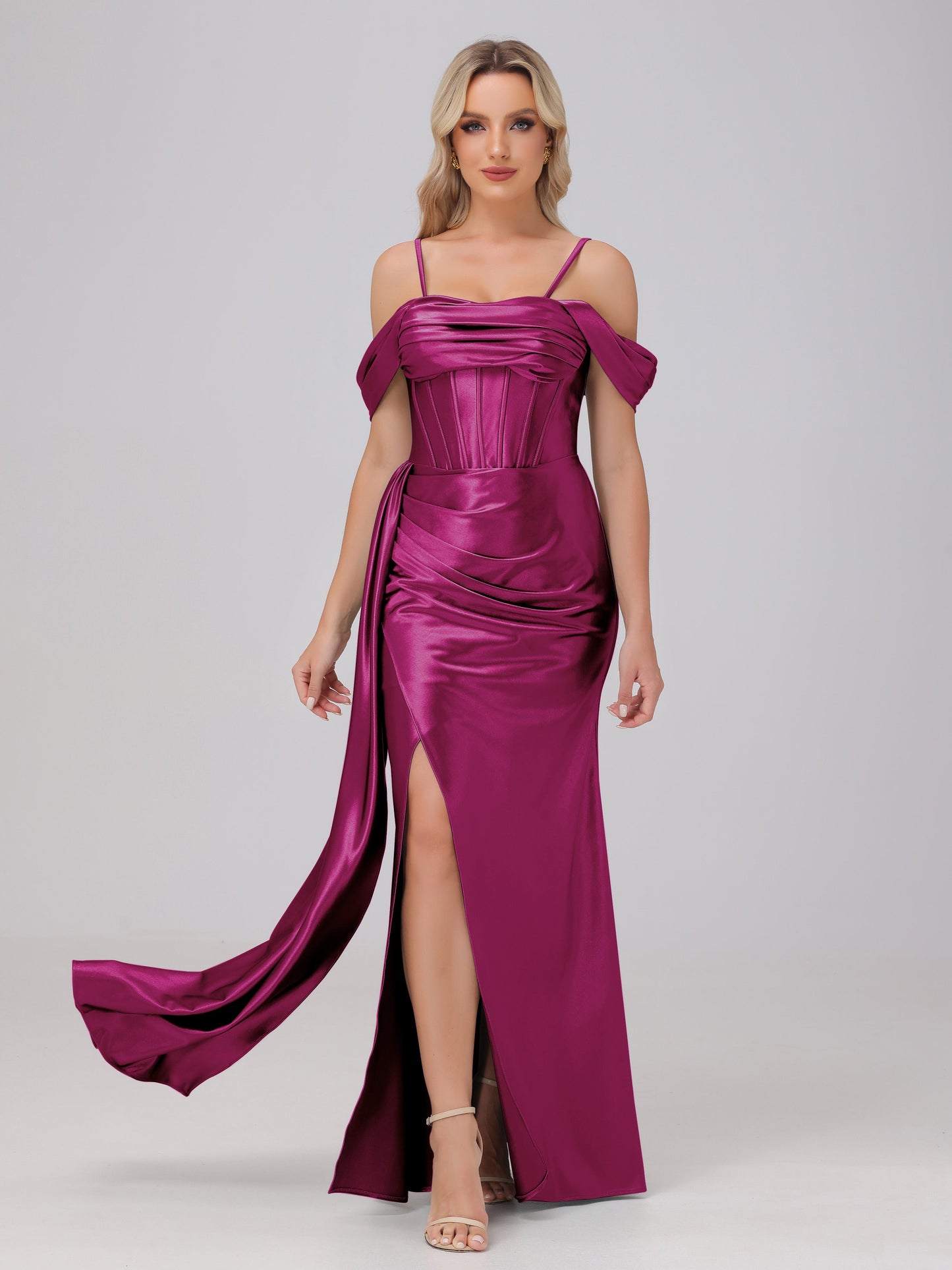 Off the Shoulder Straps Bodice Zip Back Bridesmaid Dresses with Slit