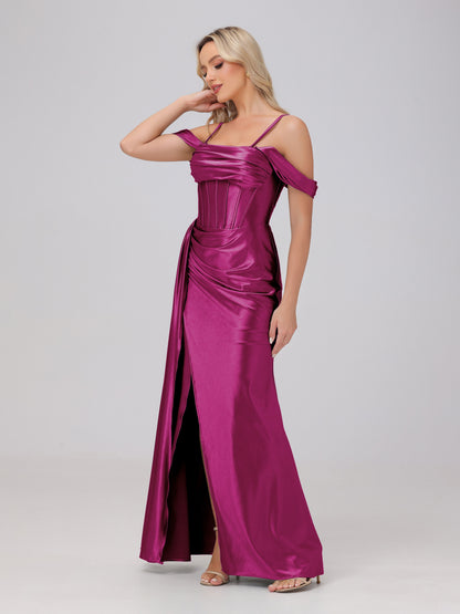 Off the Shoulder Straps Bodice Zip Back Bridesmaid Dresses with Slit