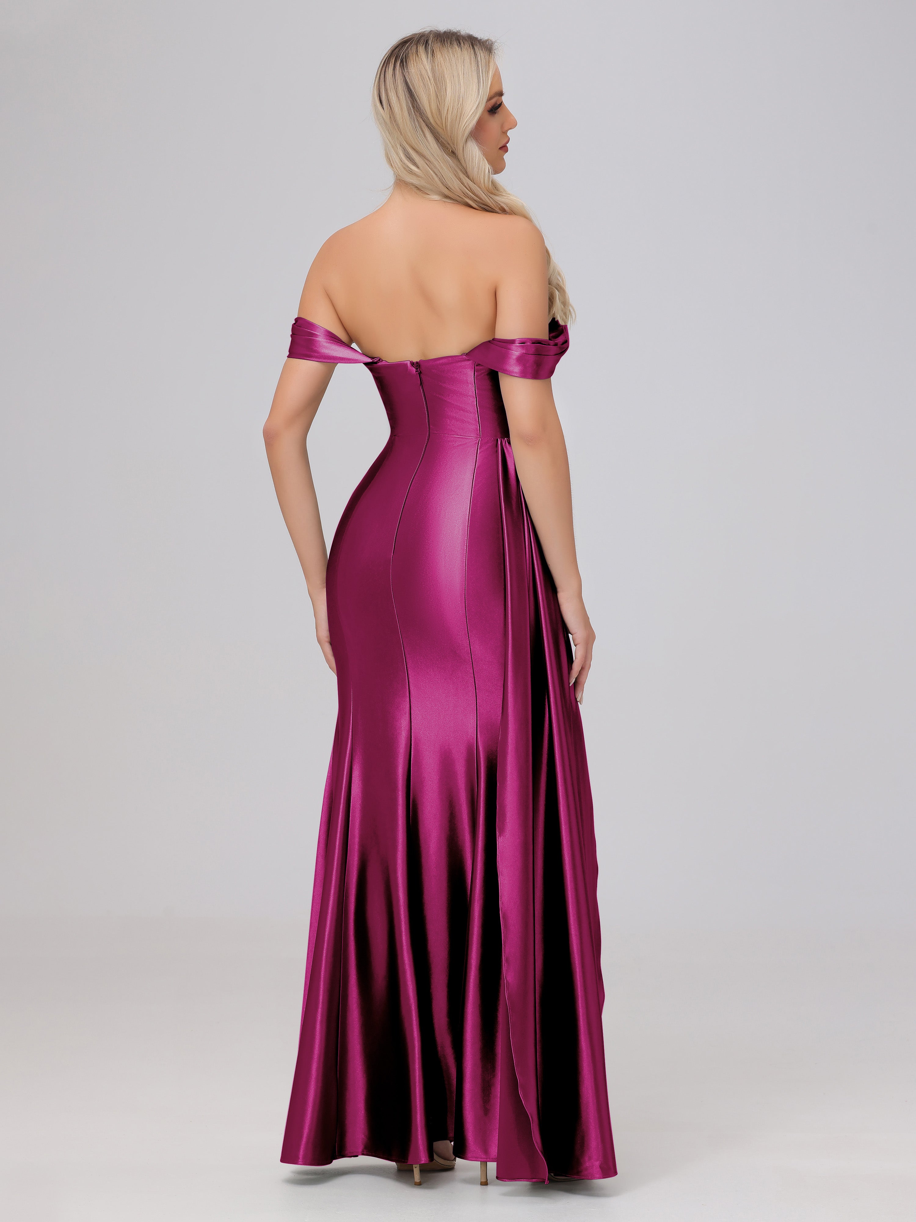 Off the Shoulder Straps Bodice Zip Back Bridesmaid Dresses with Slit