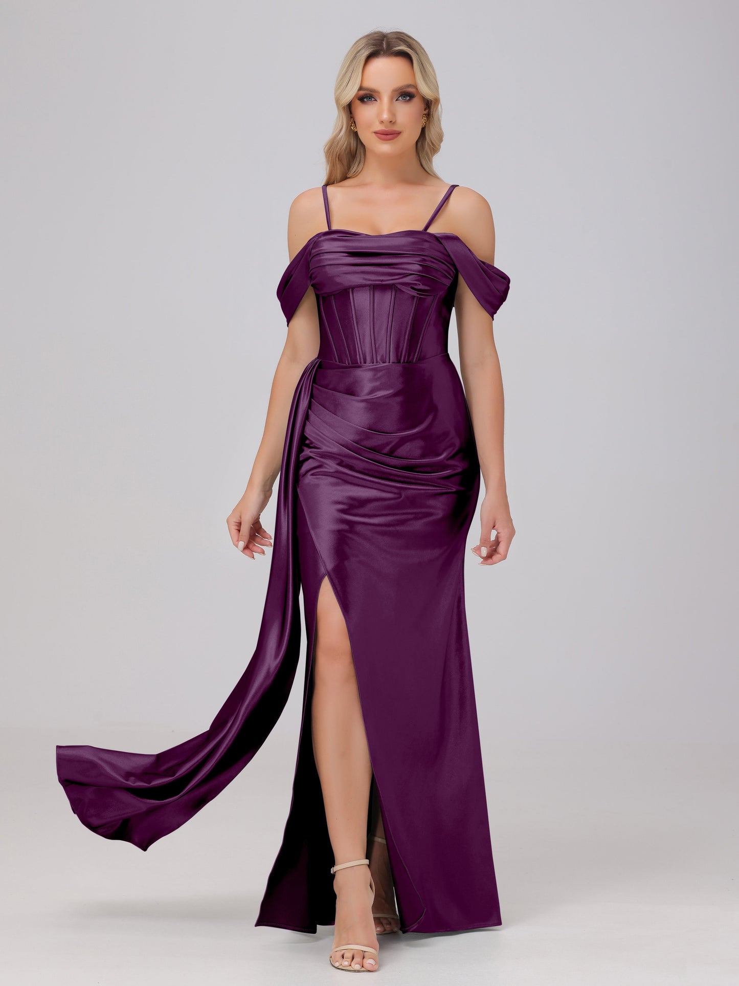 Off the Shoulder Straps Bodice Zip Back Bridesmaid Dresses with Slit