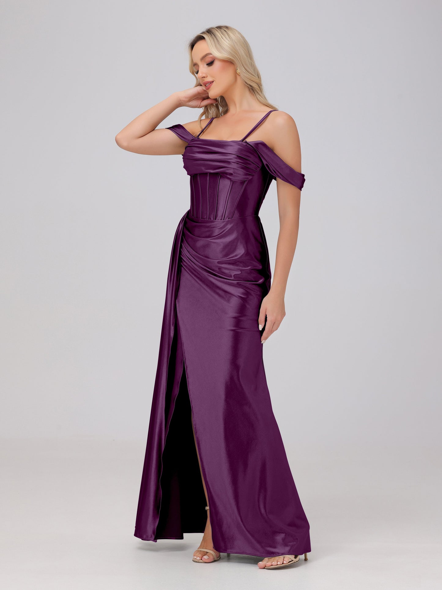 Off the Shoulder Straps Bodice Zip Back Bridesmaid Dresses with Slit
