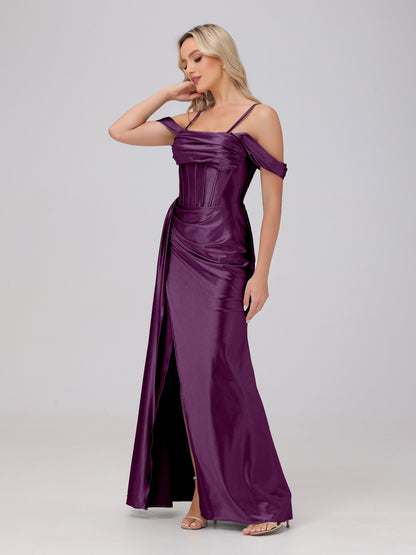Off the Shoulder Straps Bodice Zip Back Bridesmaid Dresses with Slit