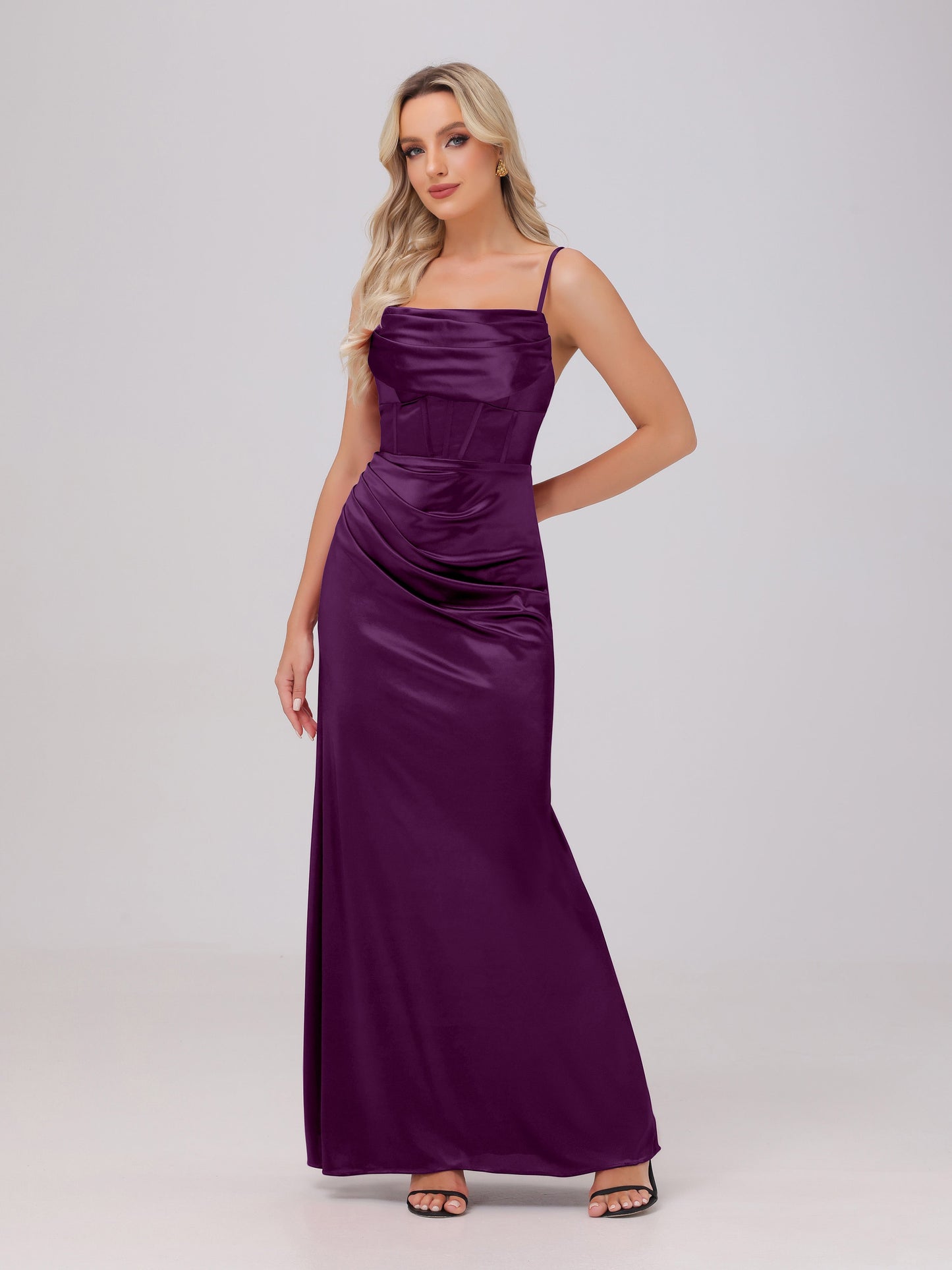 Off the Shoulder Straps Bodice Zip Back Bridesmaid Dresses with Slit