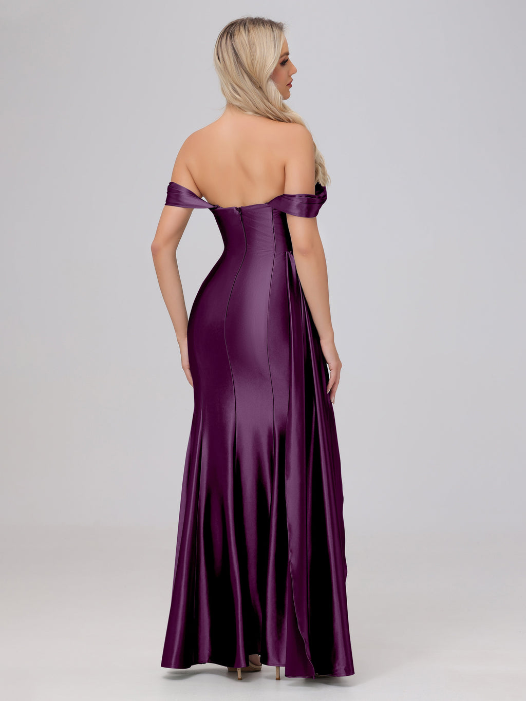 Off the Shoulder Straps Bodice Zip Back Bridesmaid Dresses with Slit