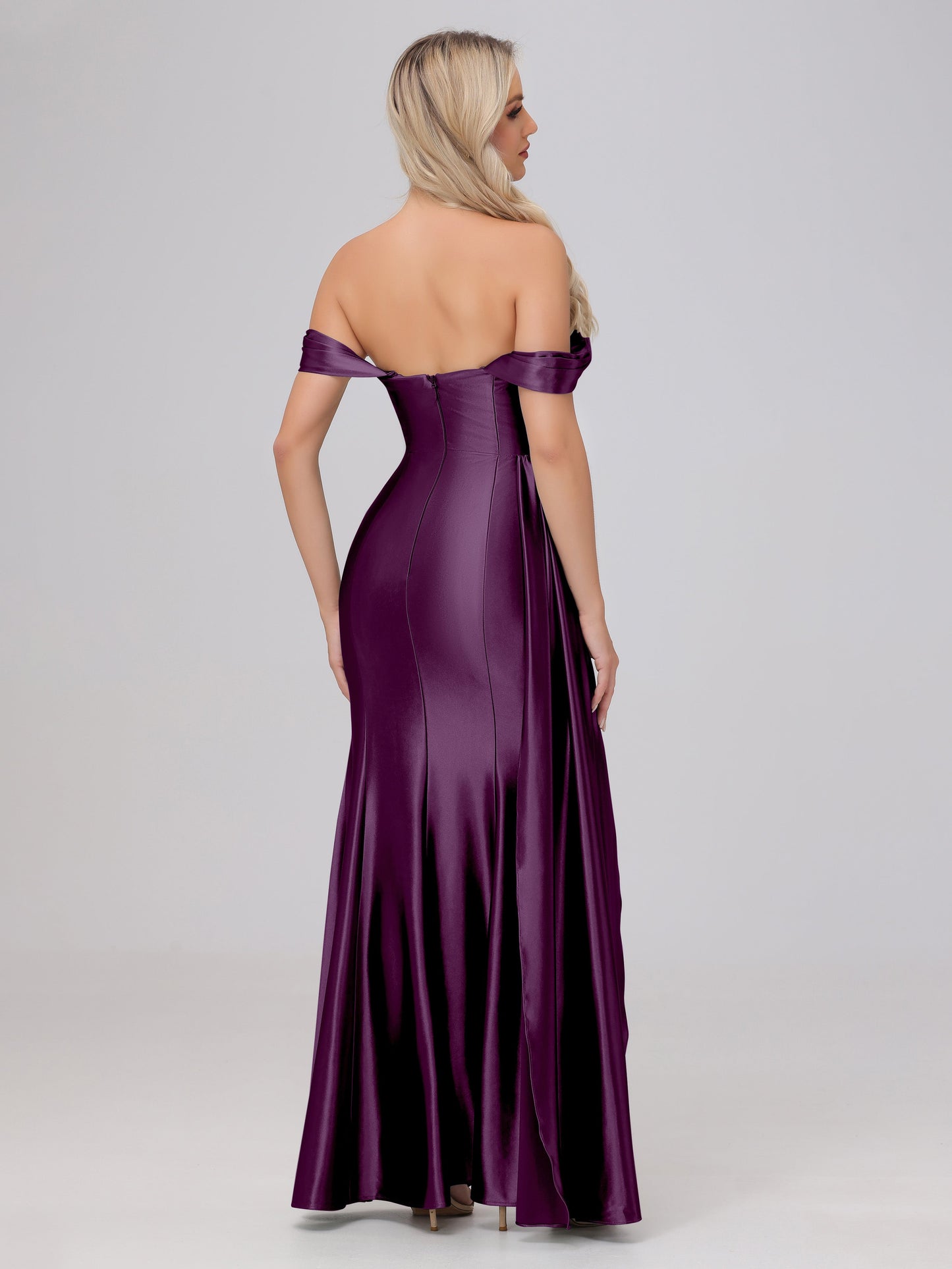 Off the Shoulder Straps Bodice Zip Back Bridesmaid Dresses with Slit