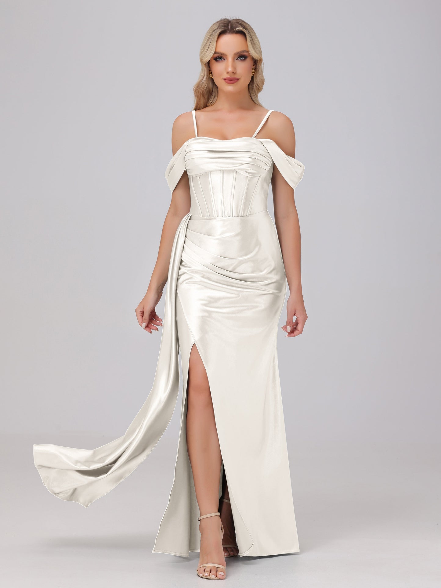 Off the Shoulder Straps Bodice Zip Back Bridesmaid Dresses with Slit