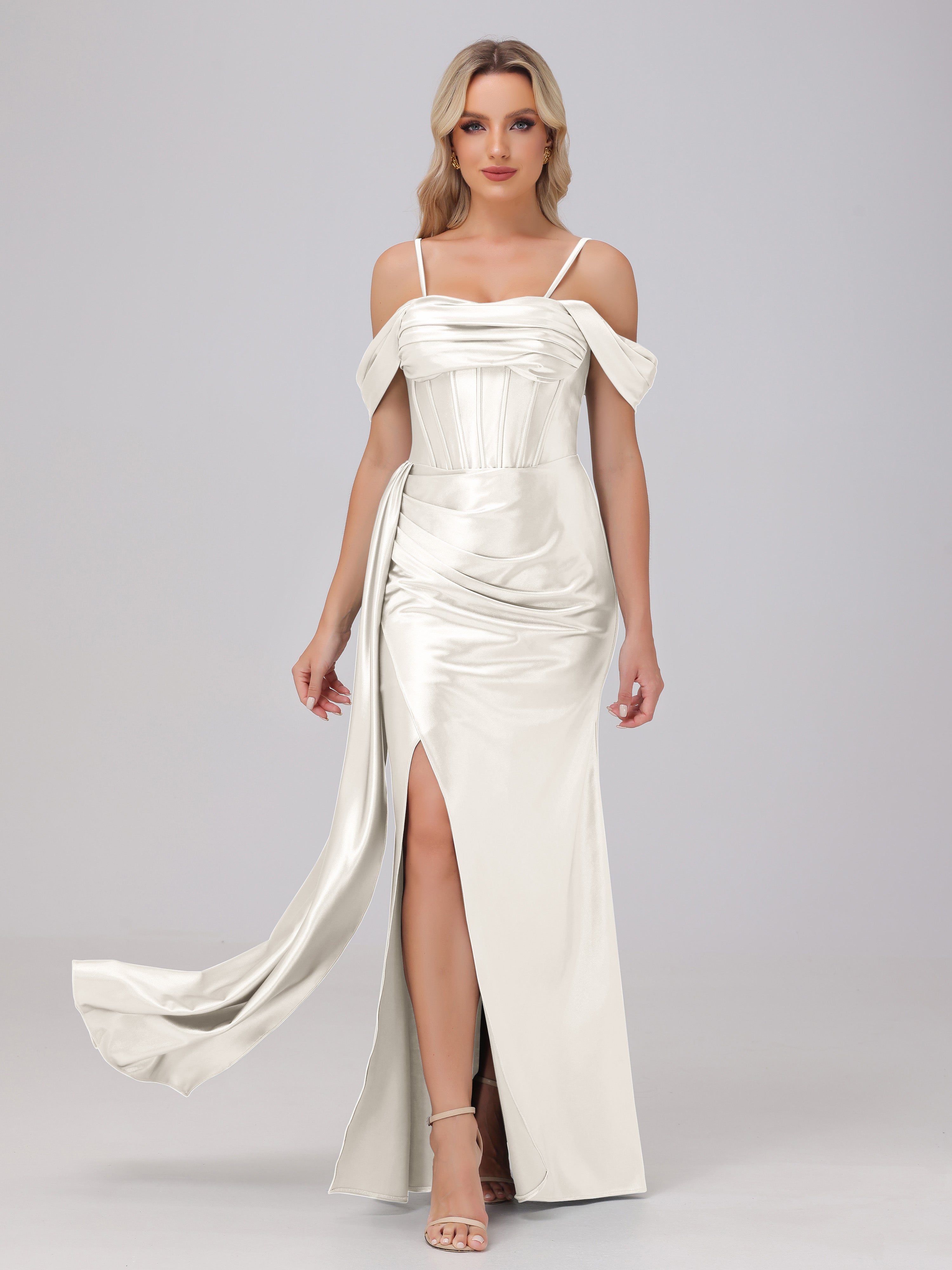 Off the Shoulder Straps Bodice Zip Back Bridesmaid Dresses with Slit