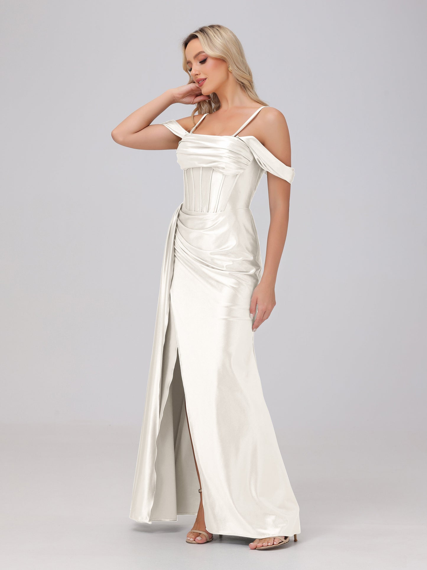 Off the Shoulder Straps Bodice Zip Back Bridesmaid Dresses with Slit