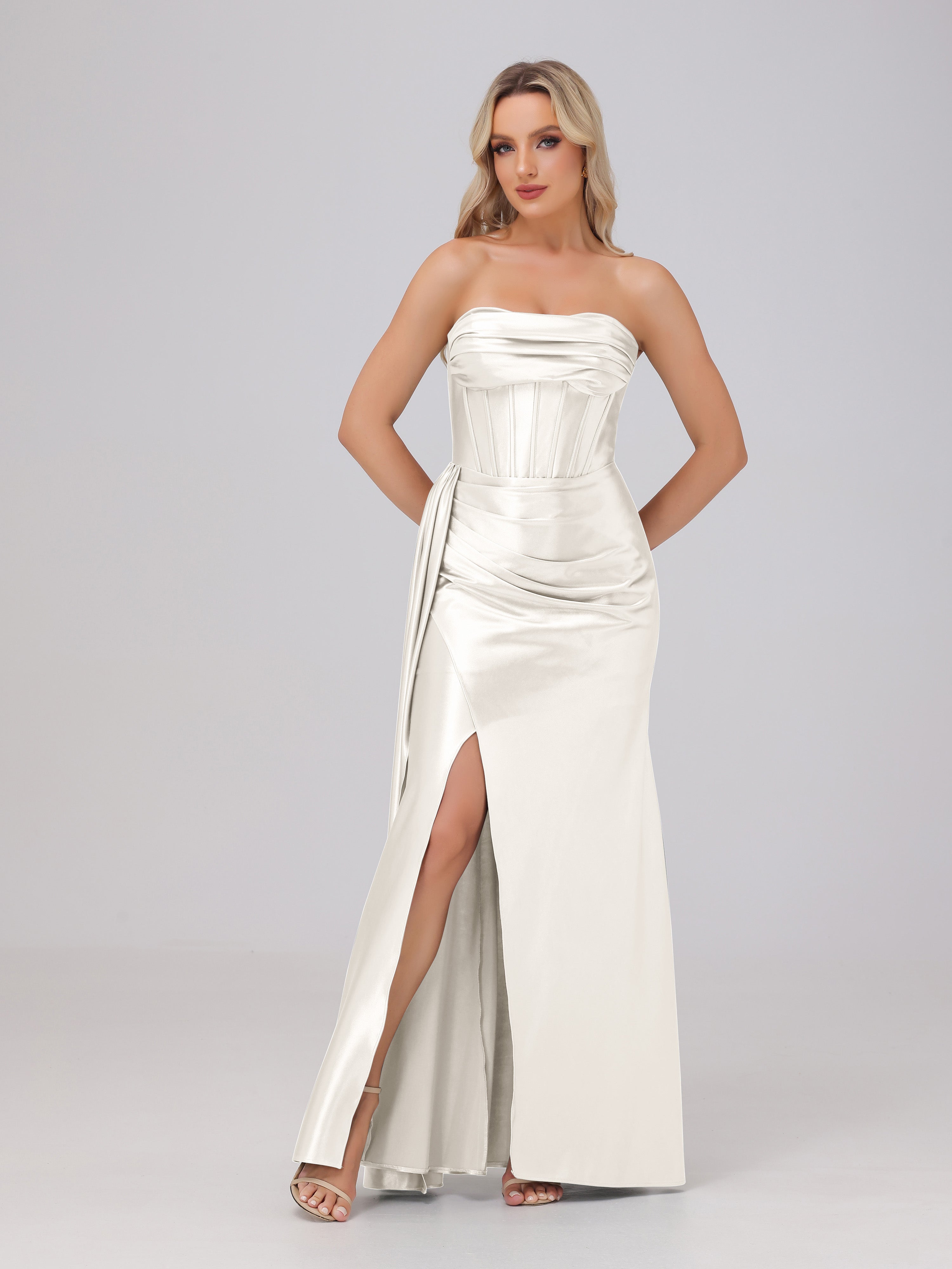 Off the Shoulder Straps Bodice Zip Back Bridesmaid Dresses with Slit