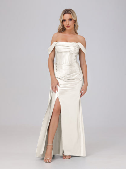Off the Shoulder Straps Bodice Zip Back Bridesmaid Dresses with Slit
