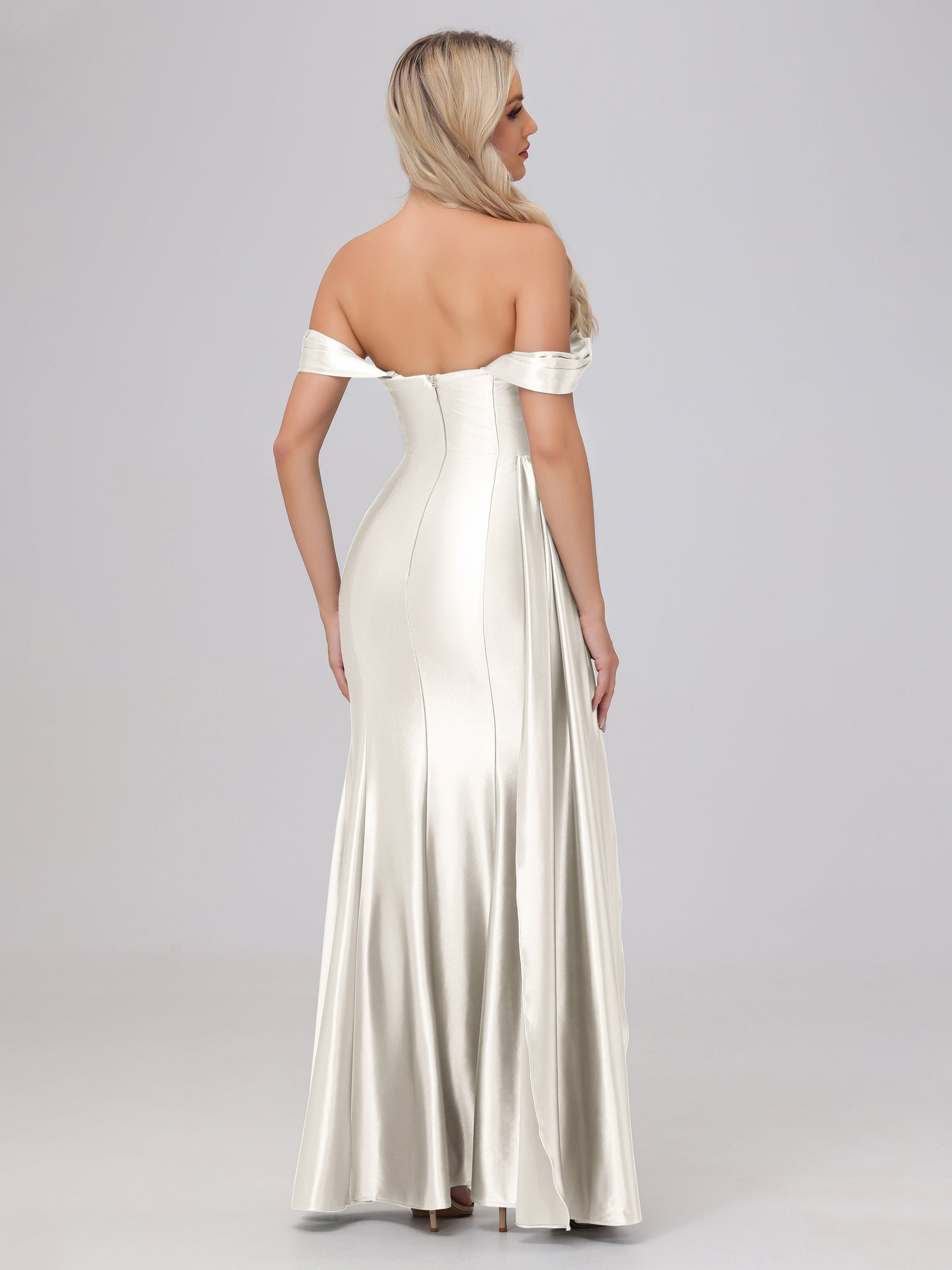 Off the Shoulder Straps Bodice Zip Back Bridesmaid Dresses with Slit