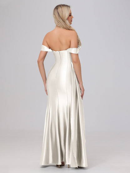 Off the Shoulder Straps Bodice Zip Back Bridesmaid Dresses with Slit