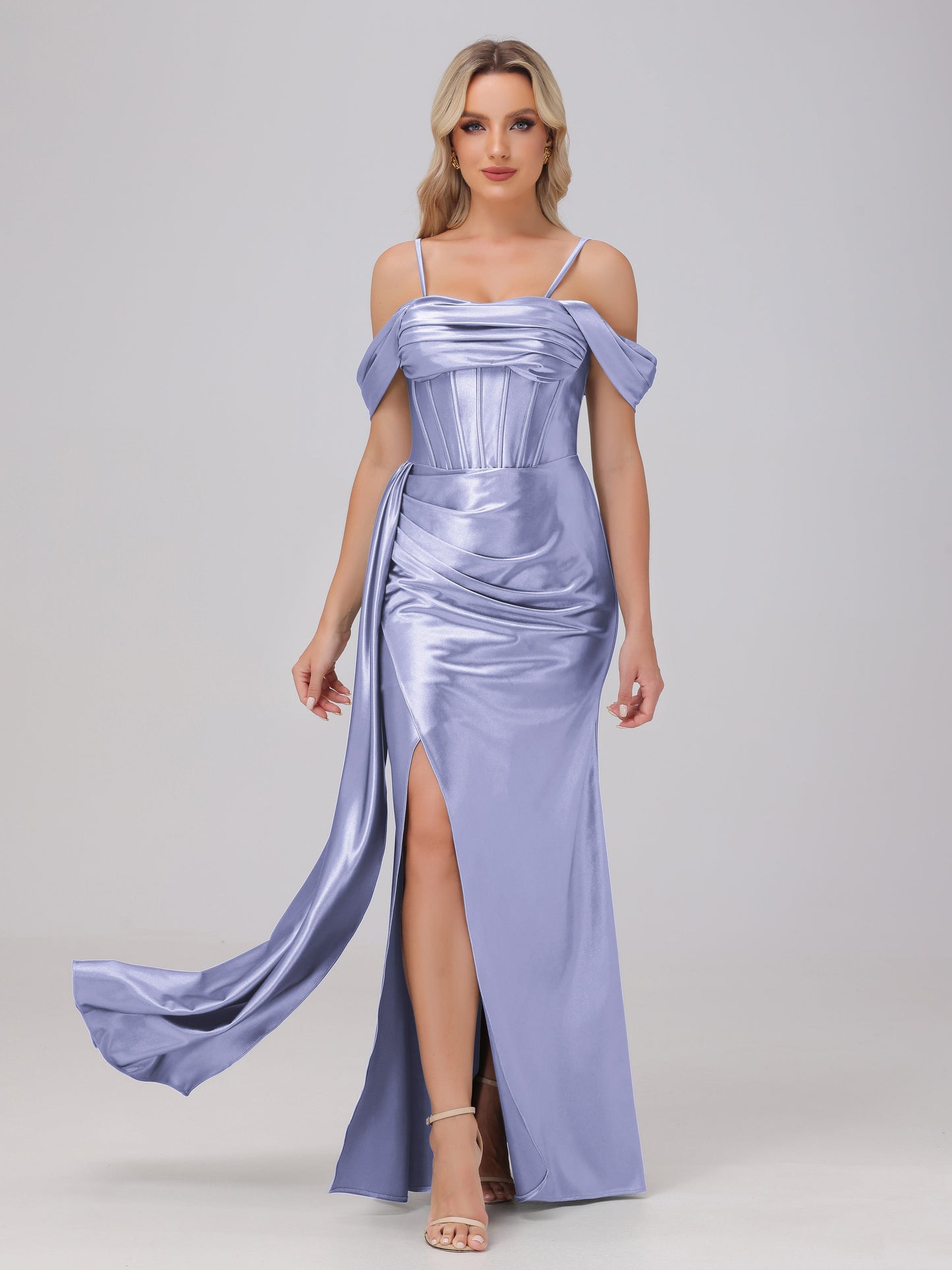 Off the Shoulder Straps Bodice Zip Back Bridesmaid Dresses with Slit