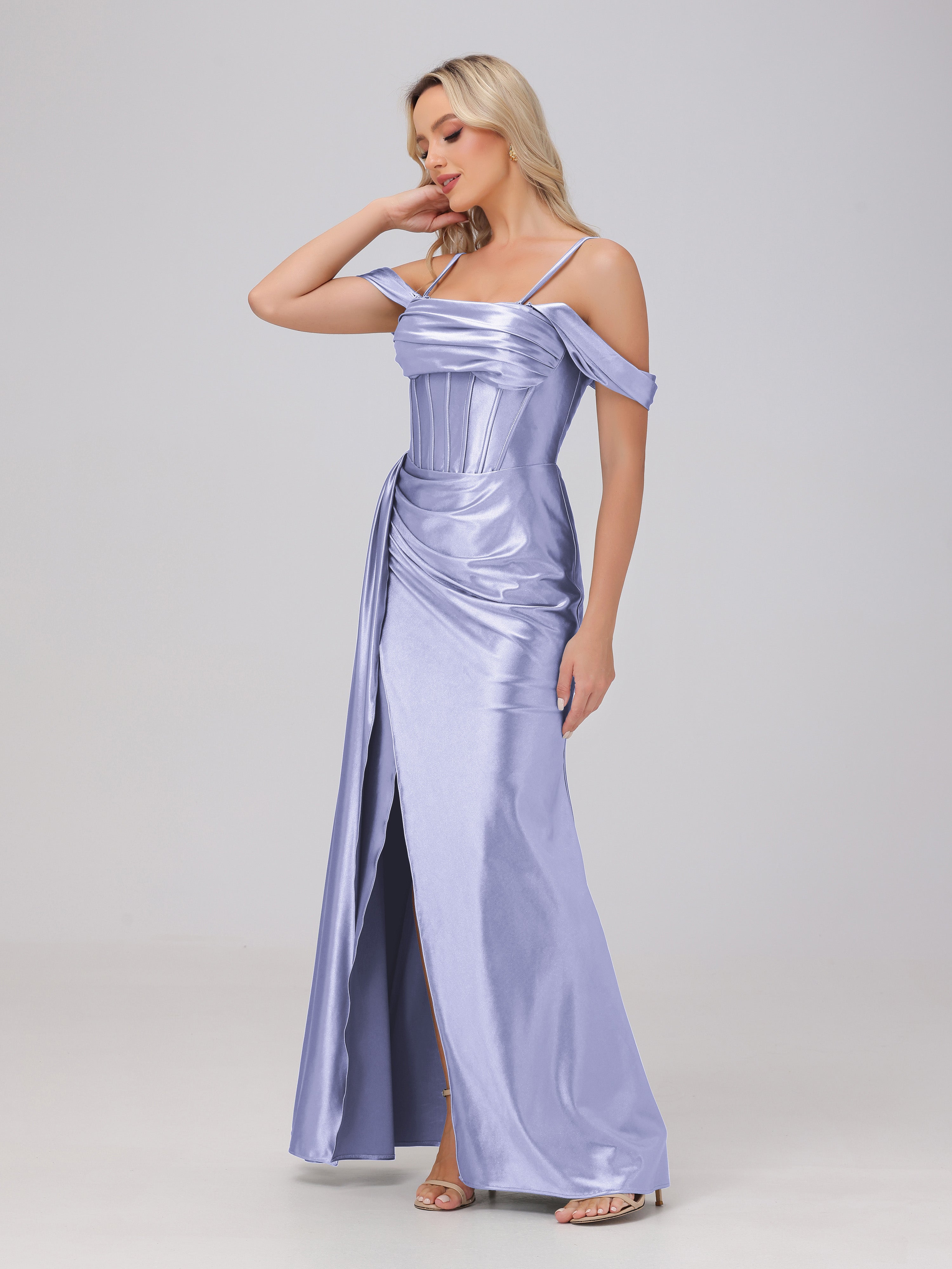Off the Shoulder Straps Bodice Zip Back Bridesmaid Dresses with Slit