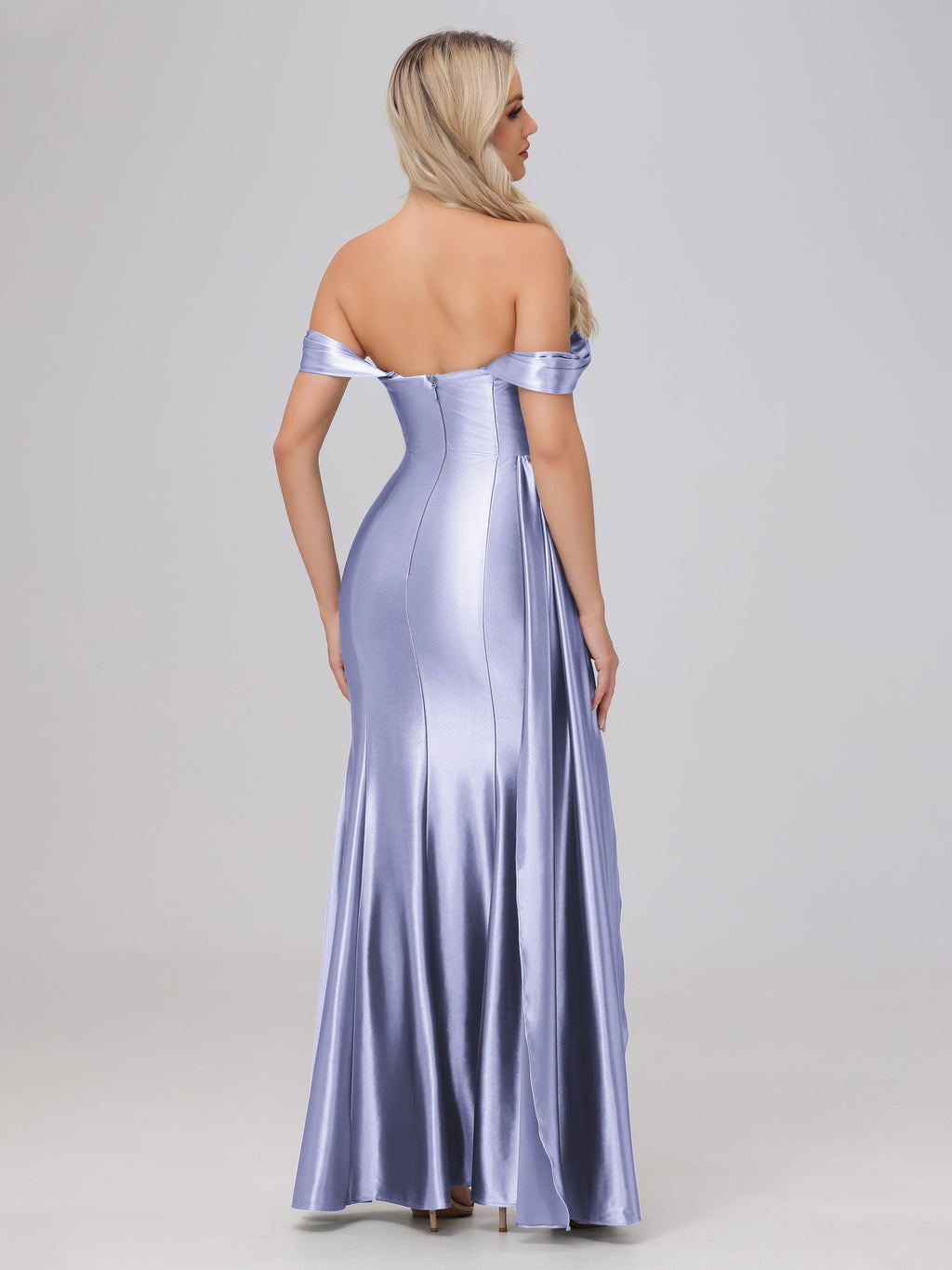Off the Shoulder Straps Bodice Zip Back Bridesmaid Dresses with Slit