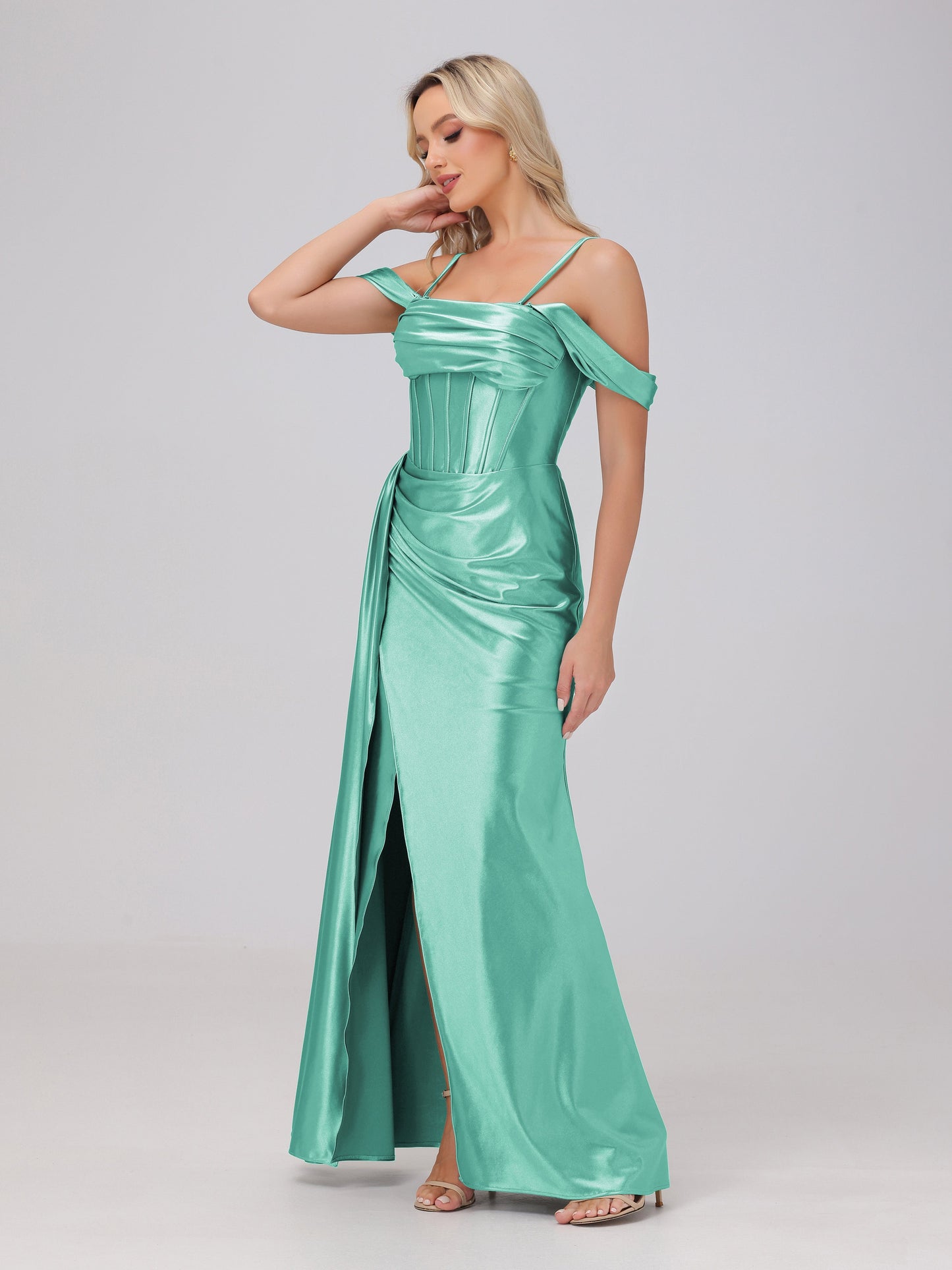 Off the Shoulder Straps Bodice Zip Back Bridesmaid Dresses with Slit