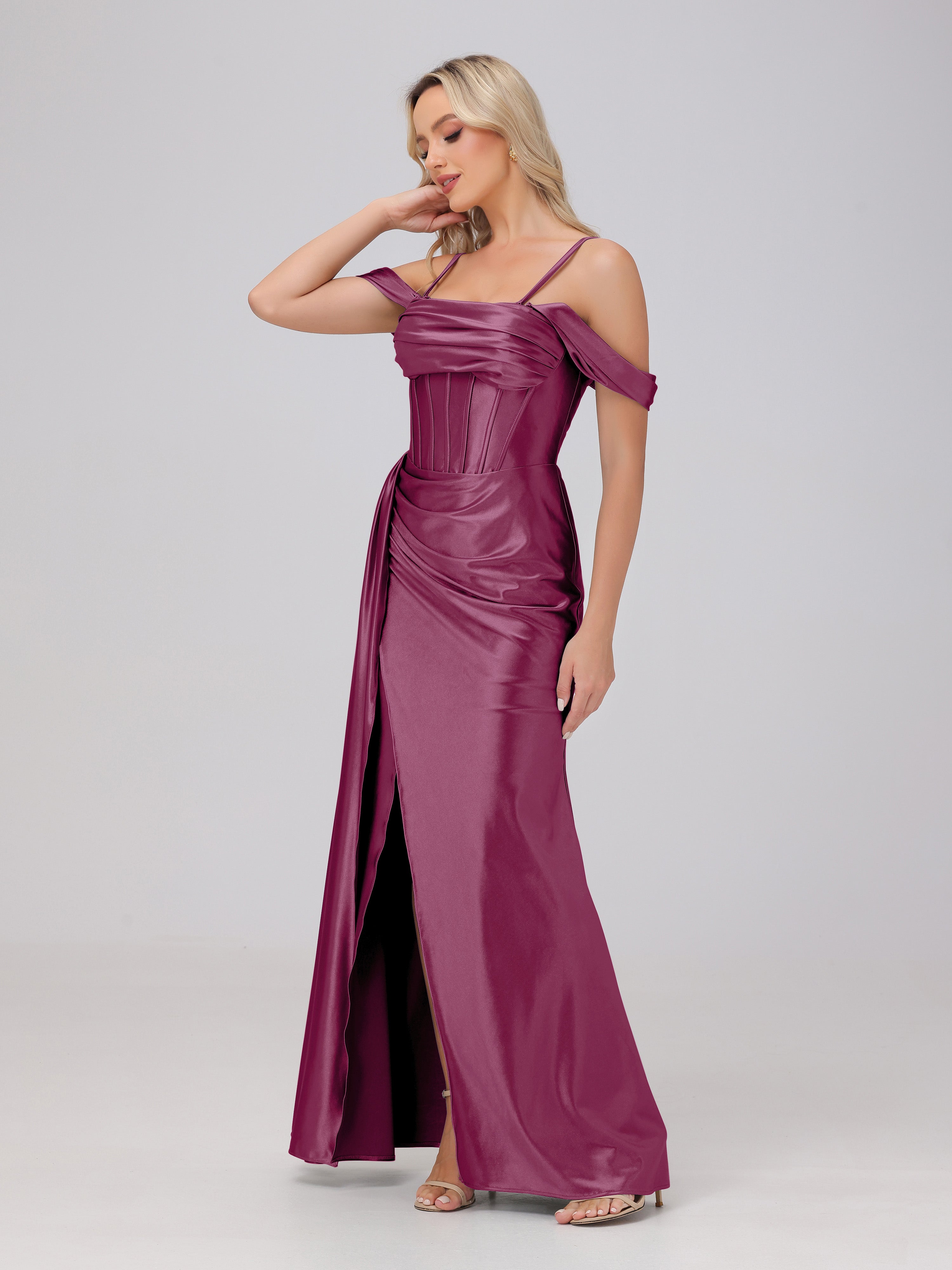 Off the Shoulder Straps Bodice Zip Back Bridesmaid Dresses with Slit