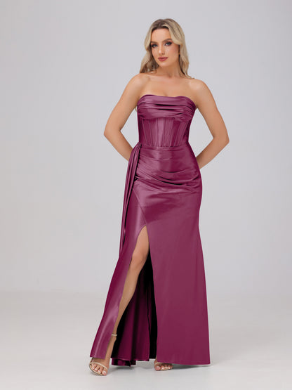 Off the Shoulder Straps Bodice Zip Back Bridesmaid Dresses with Slit