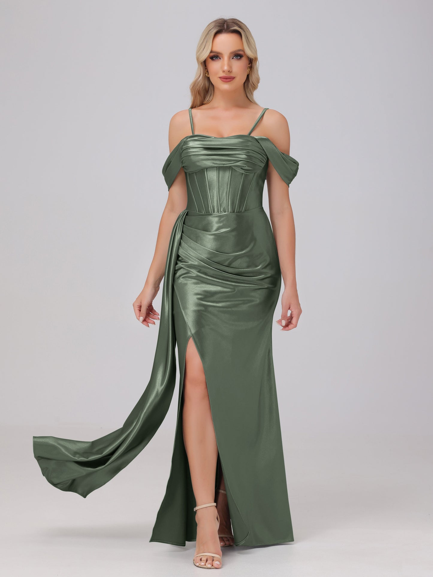 Off the Shoulder Straps Bodice Zip Back Bridesmaid Dresses with Slit