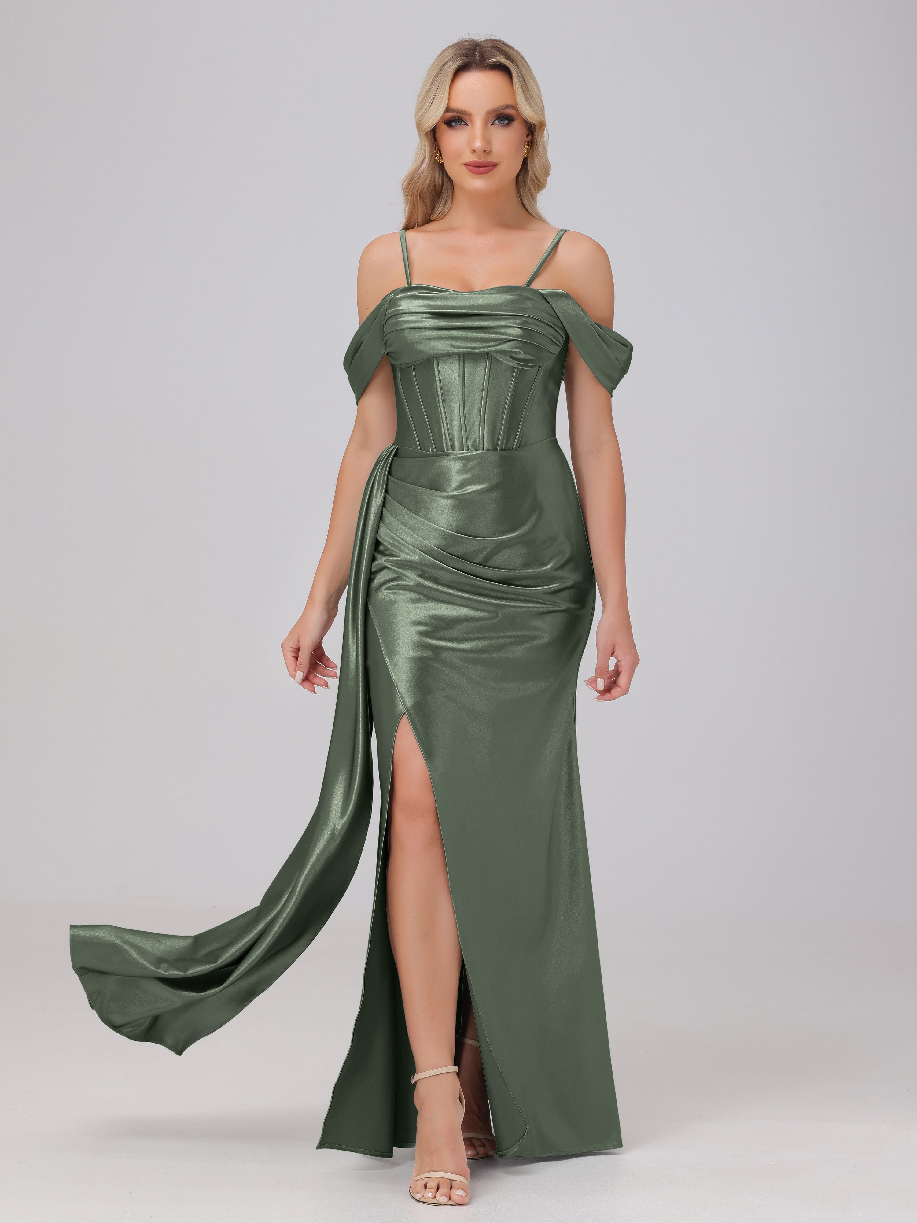 Off the Shoulder Straps Bodice Zip Back Bridesmaid Dresses with Slit
