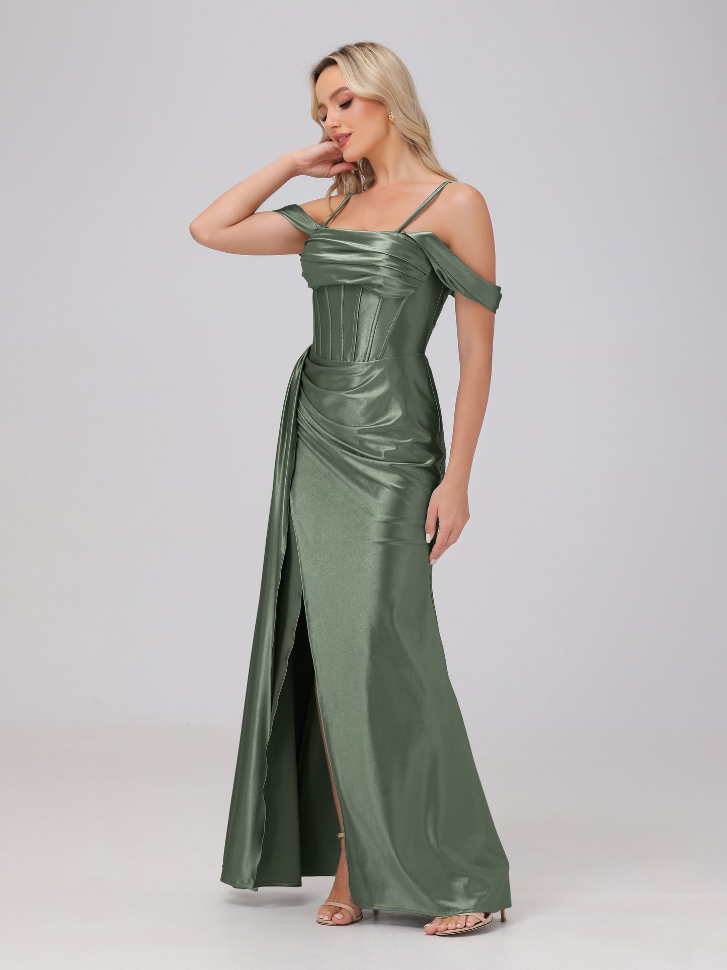 Off the Shoulder Straps Bodice Zip Back Bridesmaid Dresses with Slit