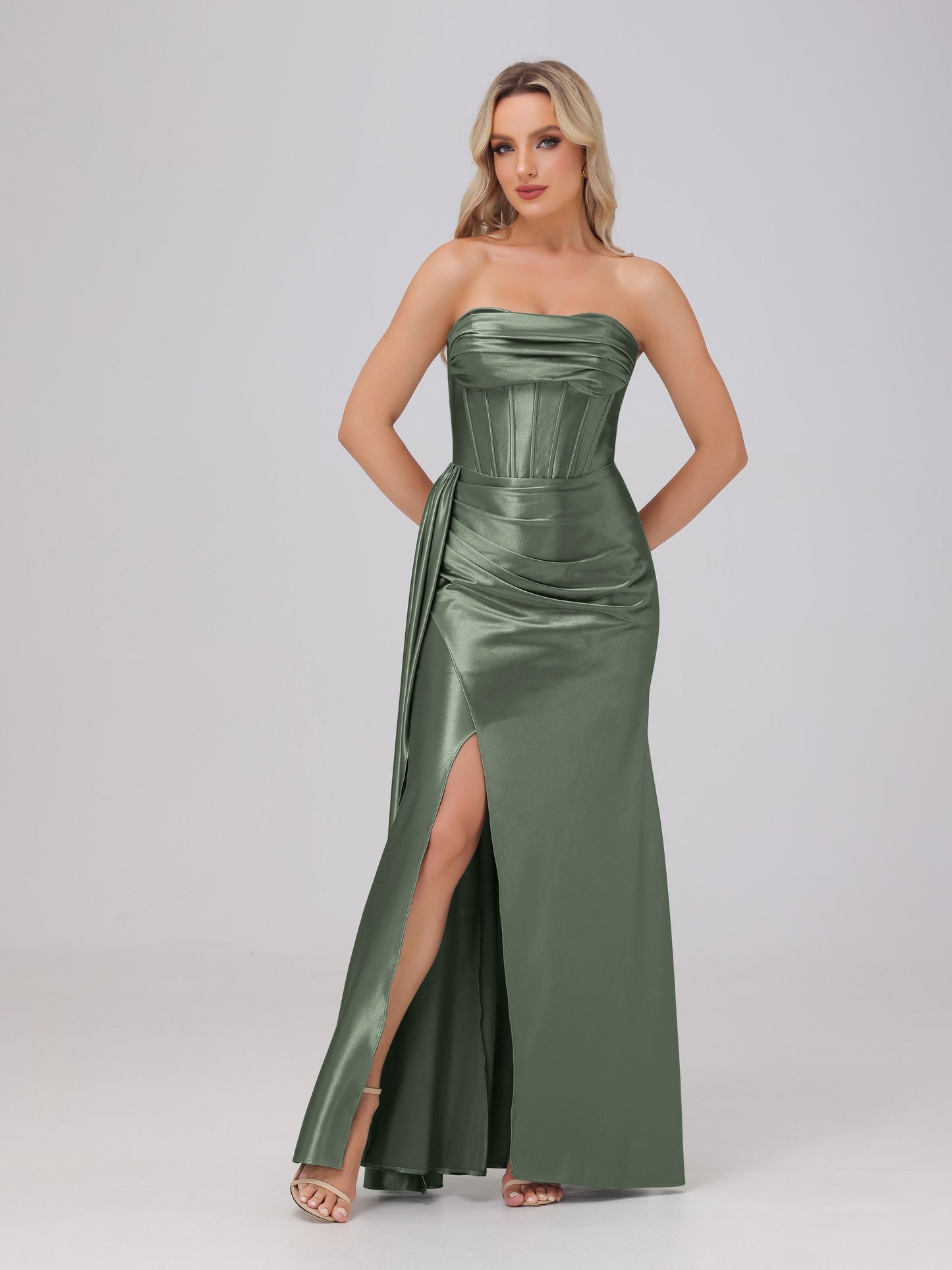 Off the Shoulder Straps Bodice Zip Back Bridesmaid Dresses with Slit