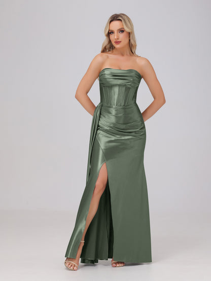 Off the Shoulder Straps Bodice Zip Back Bridesmaid Dresses with Slit