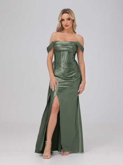 Off the Shoulder Straps Bodice Zip Back Bridesmaid Dresses with Slit