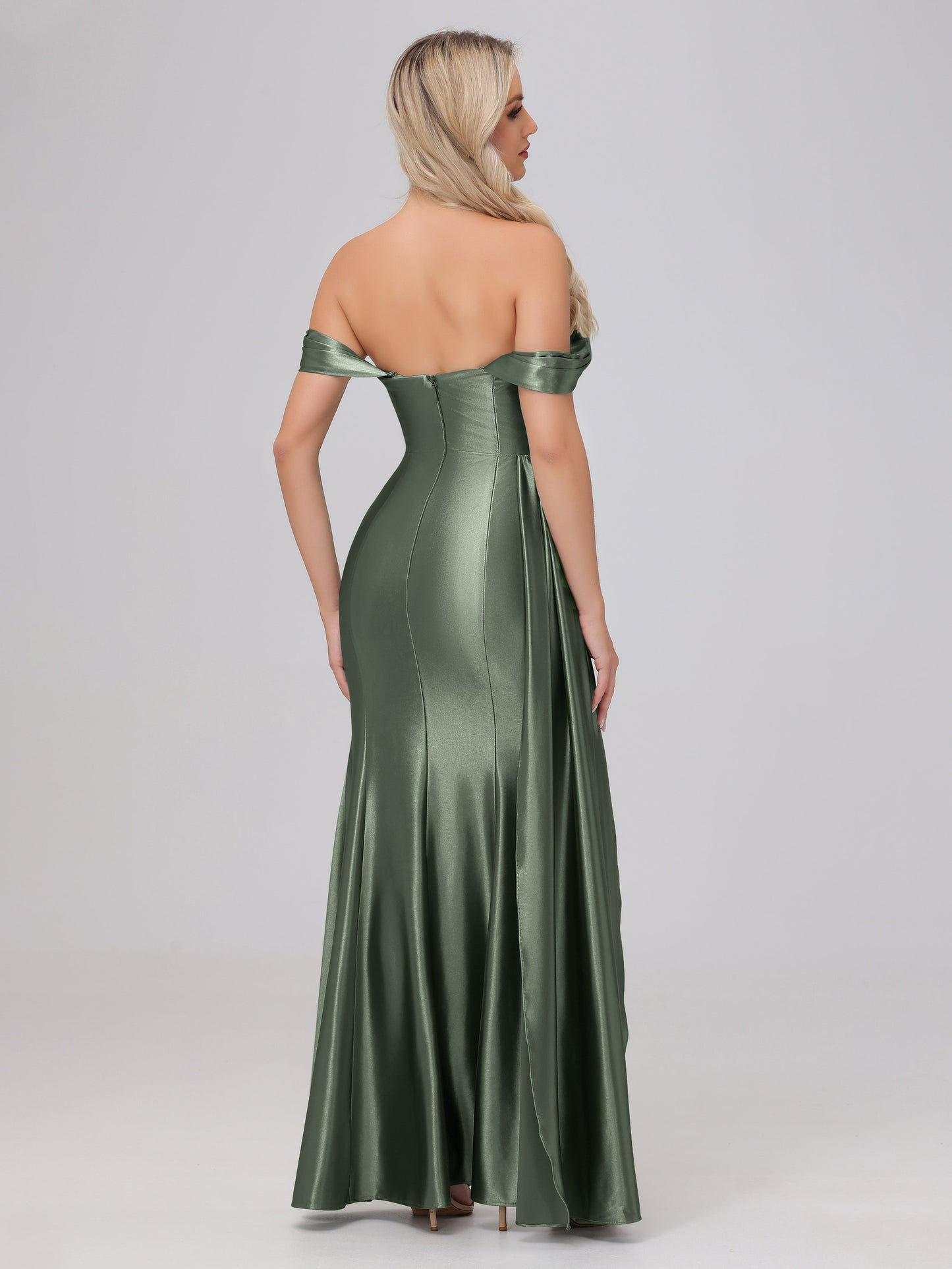 Off the Shoulder Straps Bodice Zip Back Bridesmaid Dresses with Slit