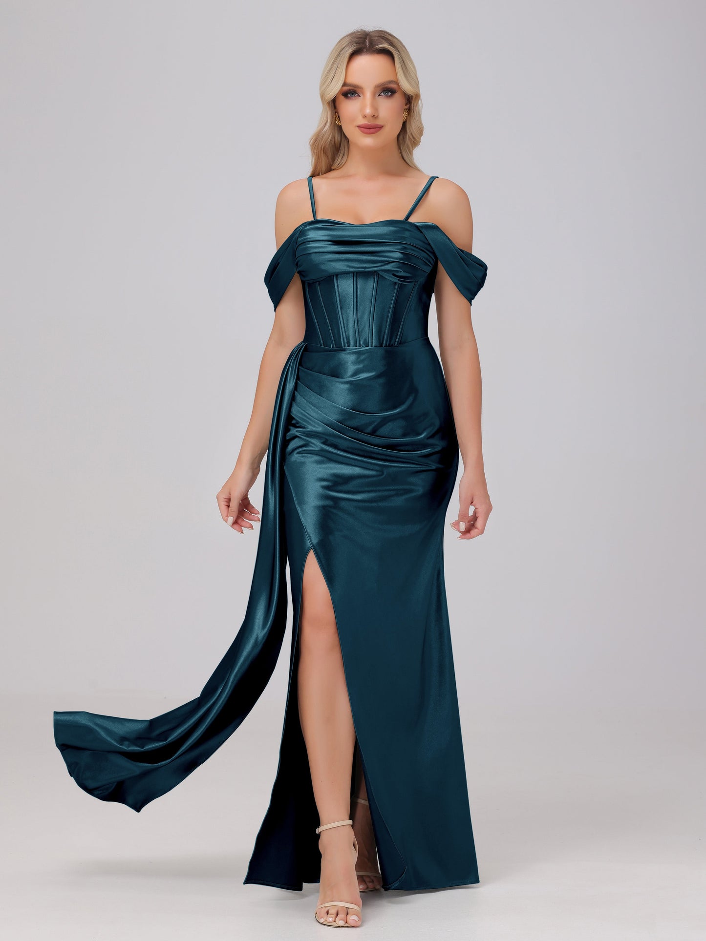 Off the Shoulder Straps Bodice Zip Back Bridesmaid Dresses with Slit